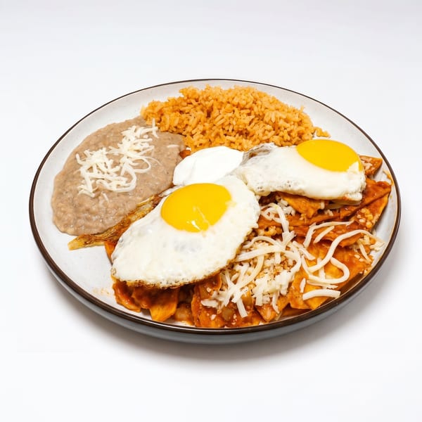 Chilaquiles with fried eggs, rice and beans