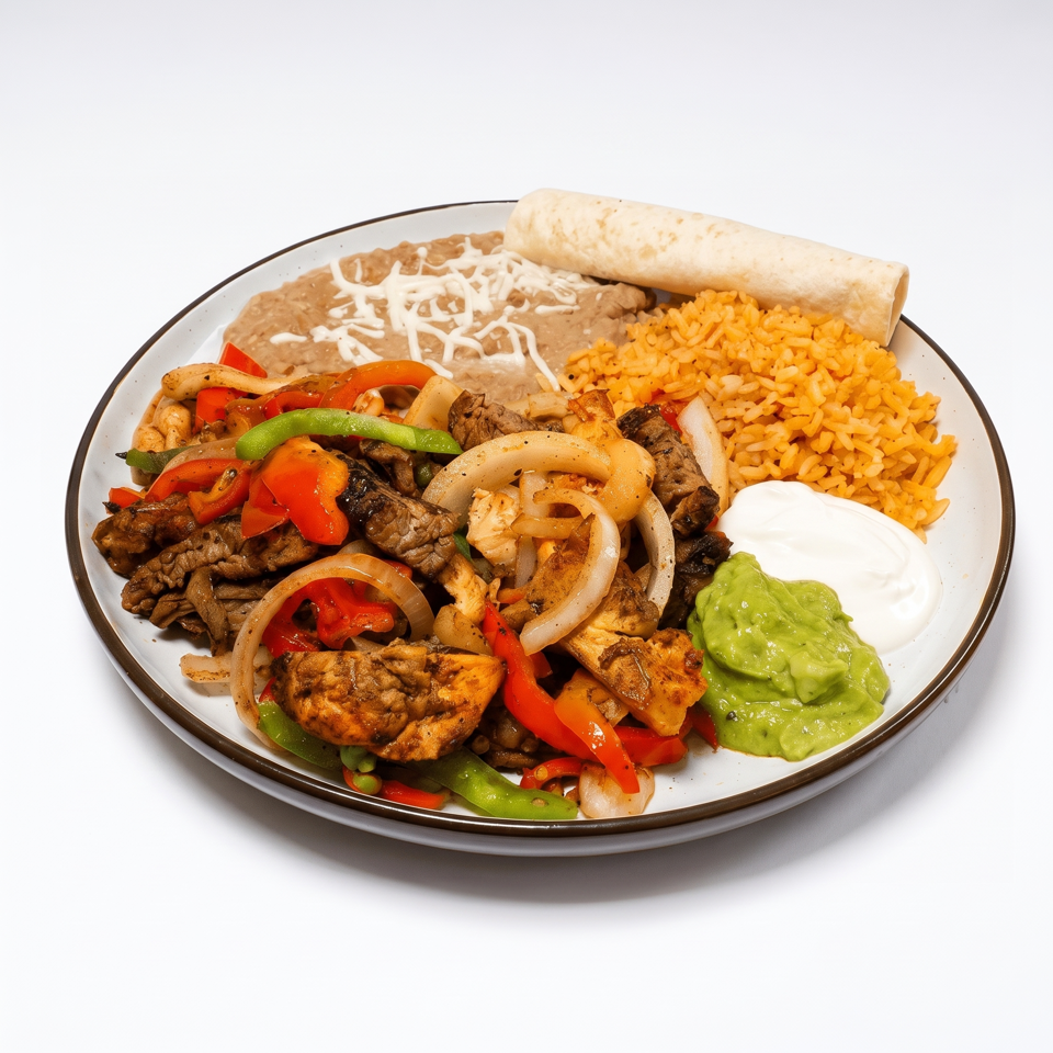 Fajita plate with steak, chicken, peppers, onions, rice, refried beans, guacamole, sour cream, and tortilla.