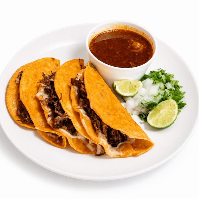 3 Birria Quesa Tacos with Consommé.
